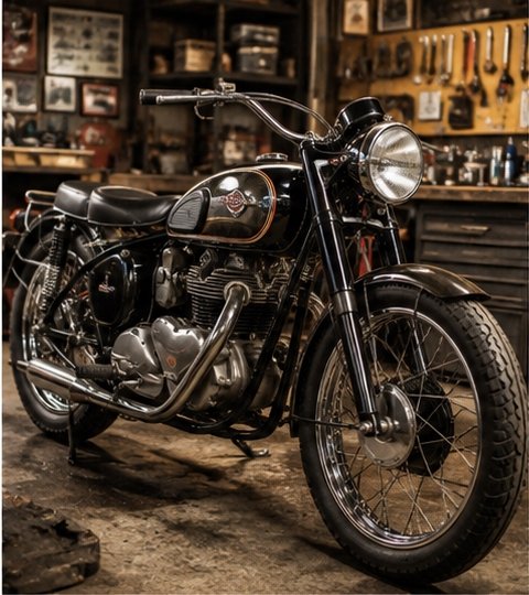 Vintage motorcycle in front of a workshop