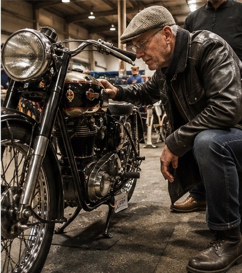Buyer inspecting a vintage motorcycle